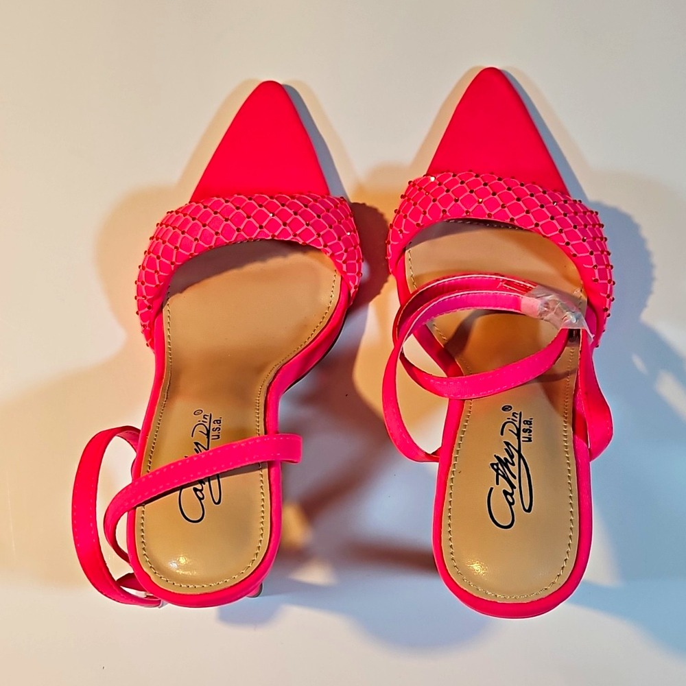 Cathy Jean Pink Synthetic Solid Strappy Pointed Toe Buckle Stiletto Heel 8